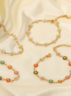 2022跨境新款钛钢饰品项链手链18K金白色/彩色小雏菊链条项链手链