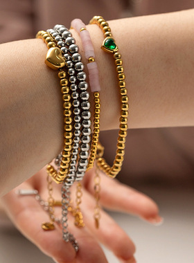 INS风网红新款钛钢手链16k金圆珠绿色爱心锆石手链不掉色饰品