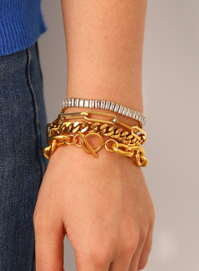 欧美新款18K金不锈钢古巴链手链时尚INS风十字链手饰女士锆石