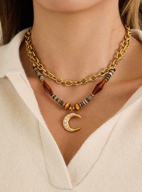 树脂串珠项链轻奢小众锁骨链胸链女不掉色不锈钢欧美跨境饰品