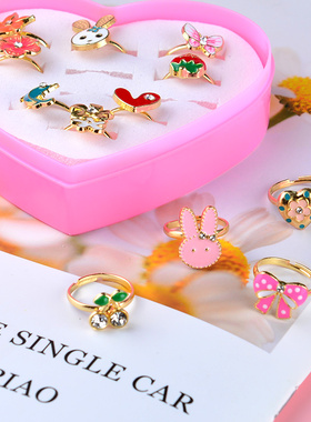 儿童戒指套装女甜美可爱钻石宝石卡通玩具戒指合金活口可调节礼物