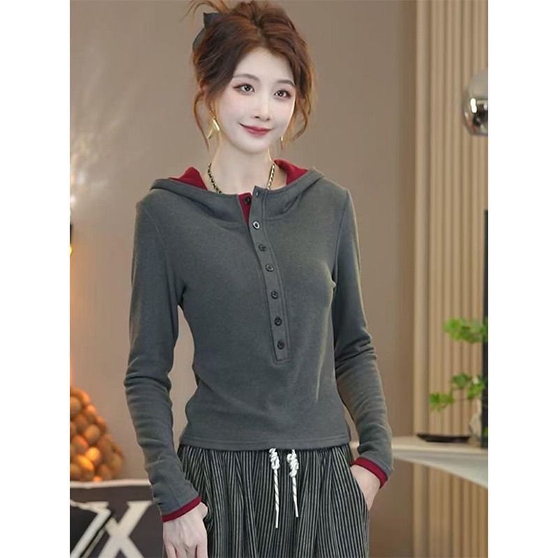 韩版连帽半开领上衣女秋冬季新款设计感双面德绒长袖外穿保暖小衫 - 图1