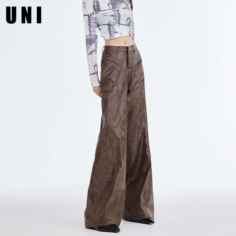 辣妹复古棕色PU皮裤喇叭休闲裤女2023新款秋季高腰显瘦阔腿拖地裤 - 图1