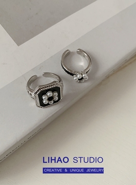 黑色INS珍珠花朵欧美风食指环