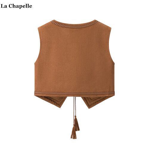 拉夏贝尔/La Chapelle复古百搭麂皮绒马甲女波西米亚刺绣背心坎肩 - 图0