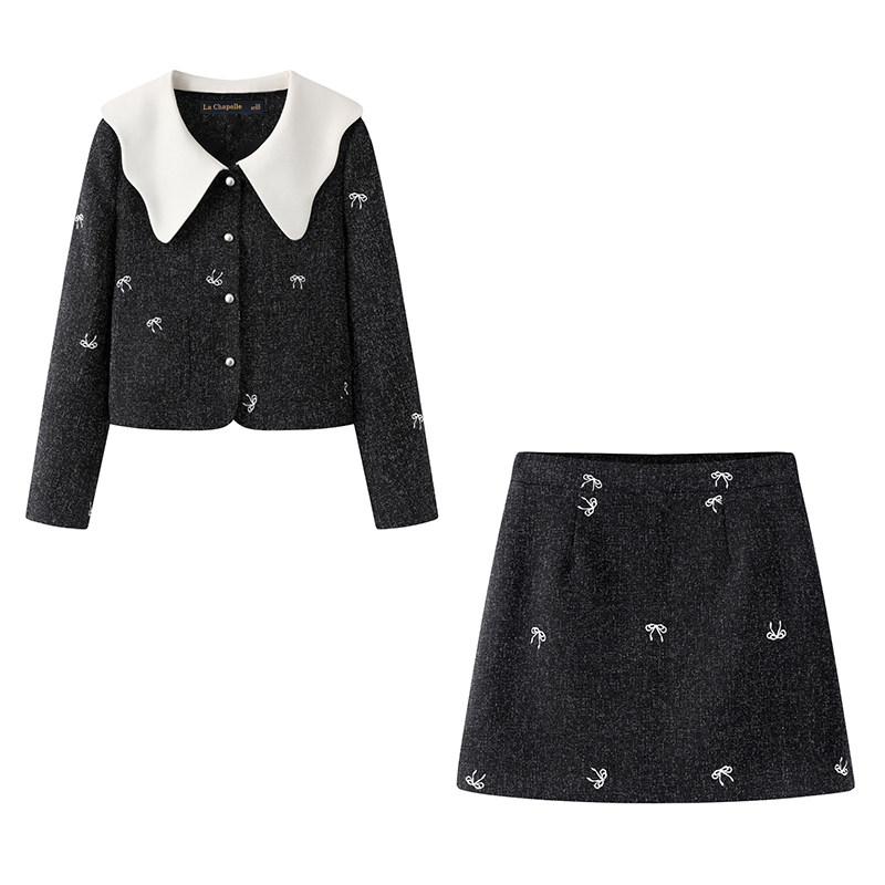 拉夏贝尔/La Chapelle蝴蝶结刺绣俩件套女小香风短外套半身裙套装,淘宝优惠券,粉丝福利购,淘宝优惠卷