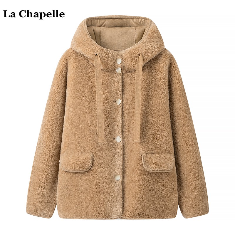 拉夏贝尔/La Chapelle冬季新款百搭连帽羊羔绒外套女皮毛一体上衣