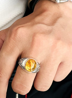 「财运X太阳」纯银琥珀复古戒指