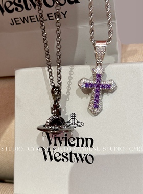 欧美小众设计感高级感紫色十字架项链女气质独特锁骨链2025新款