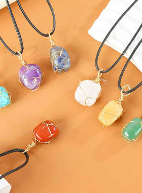 不规则金属丝缠绕天然石头项链