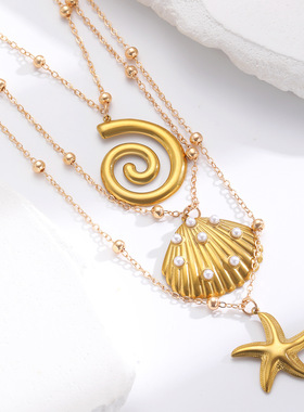 金色螺旋贝壳海星层次钛钢项链
