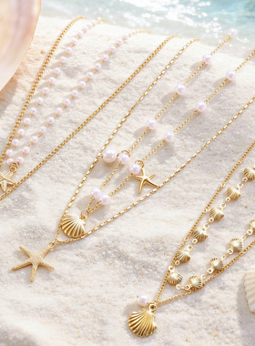 海风轻抚金色贝壳双层叠戴项链