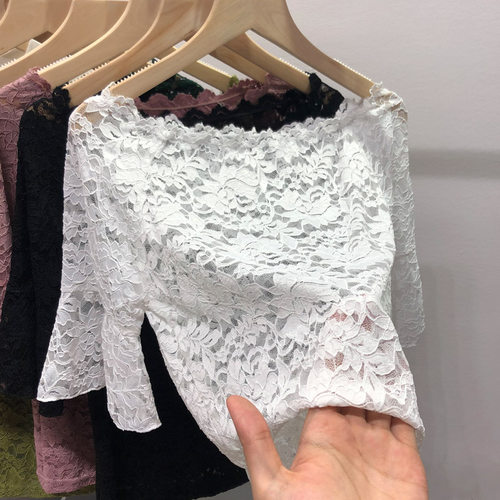2023夏季新款名媛风气质性感蕾丝衫女镂空喇叭袖上衣圆领短袖T恤 - 图0