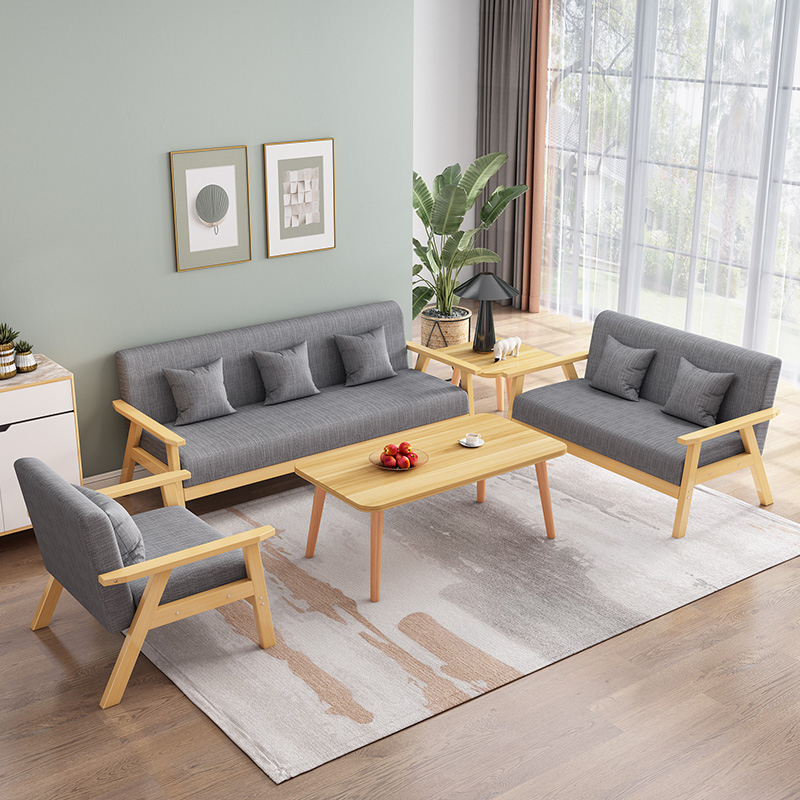 沙发茶几组合简易小户型客厅出租房现代简约实木布艺三人位办公椅 - 图1