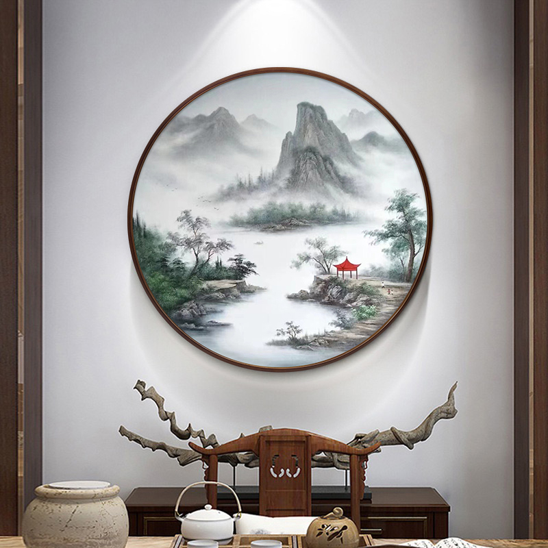 新中式国画水墨风手绘圆形画玄关装饰画餐厅过道茶室山水风景油画-图0