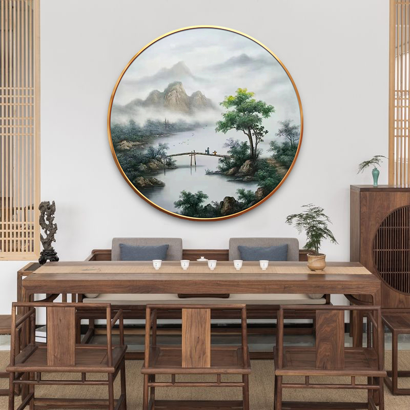 新中式国画水墨风手绘圆形画玄关装饰画餐厅过道茶室山水风景油画-图2