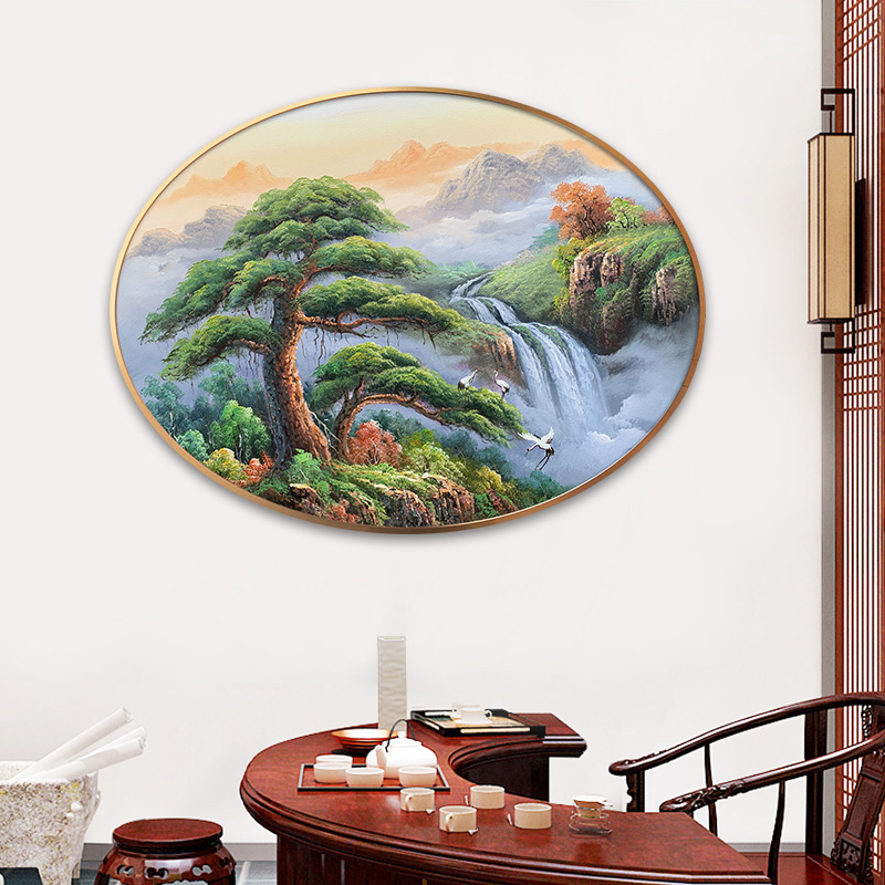 迎客松鹤山水风景客厅玄关椭圆形挂画餐厅茶室装饰画手绘油画定制-图0