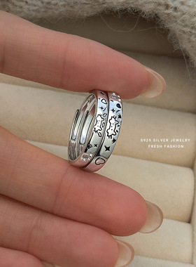 原创S925纯银猫狗日记情侣戒指小众设计感甜酷风卡通图案对戒