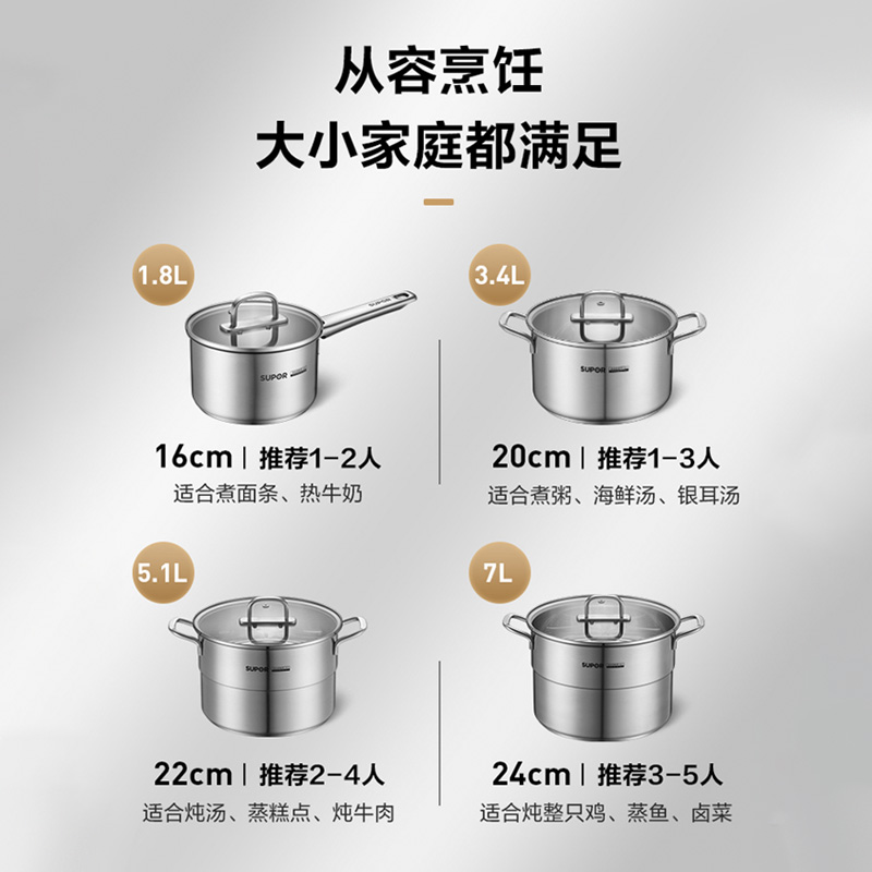 苏泊尔欧式不锈钢汤锅奶锅蒸锅家用不锈钢炖锅泡面锅蒸煮锅多用-图0