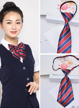 红蓝条纹蝴蝶结领结女职业制服工作领花护士头花男士免打拉链领带