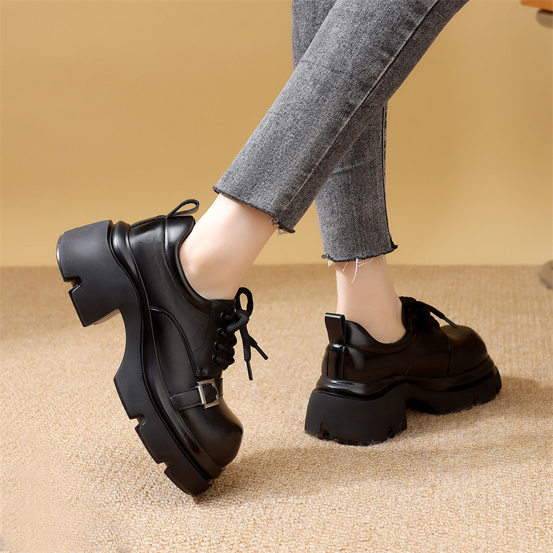 休闲百搭皮鞋女2025新款冬季加绒保暖时尚潮流粗跟增高系带乐福鞋,淘宝优惠券,粉丝福利购,淘宝优惠卷