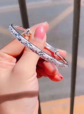 s999满天星纯银手镯女足银999推拉实心调节百搭经典款