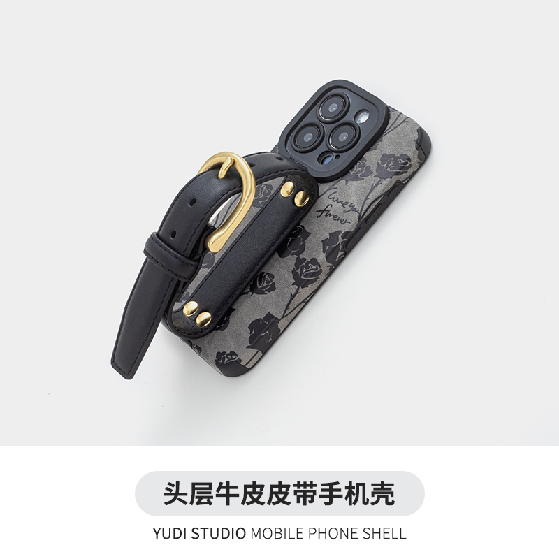 复古黑灰色玫瑰花经典小香风适用iPhone13手机壳14牛皮带腕带苹果15promax套支架华为p50 mate60名媛保护套 - 图0