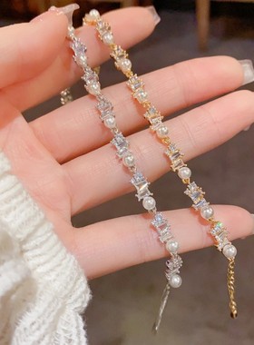 新款精致时尚轻奢不规则锆石珍珠手链气质简约百搭超闪手镯礼物