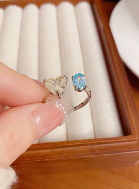 新款小众时尚简约镶钻爱心蓝色椭圆开口戒精致轻奢百搭设计感戒指