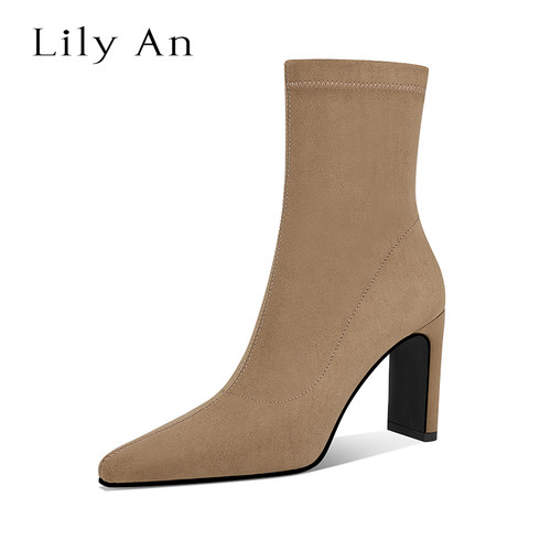 【Lily An x 高级感】显瘦尖头高跟弹力靴女百搭尖头粗跟瘦瘦短靴 - 图1