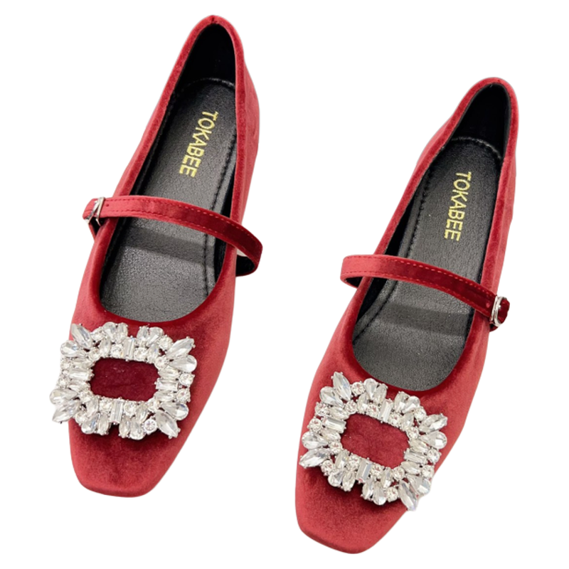 水钻绒面一字带玛丽珍单鞋女2026春季新款法式内增高平底红色婚鞋,淘宝优惠券,粉丝福利购,淘宝优惠卷