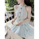 Ruoyu Customized Ice Mint Bajia knitted ice pleated skirt suit pure lust sexy temperament top and skirt set