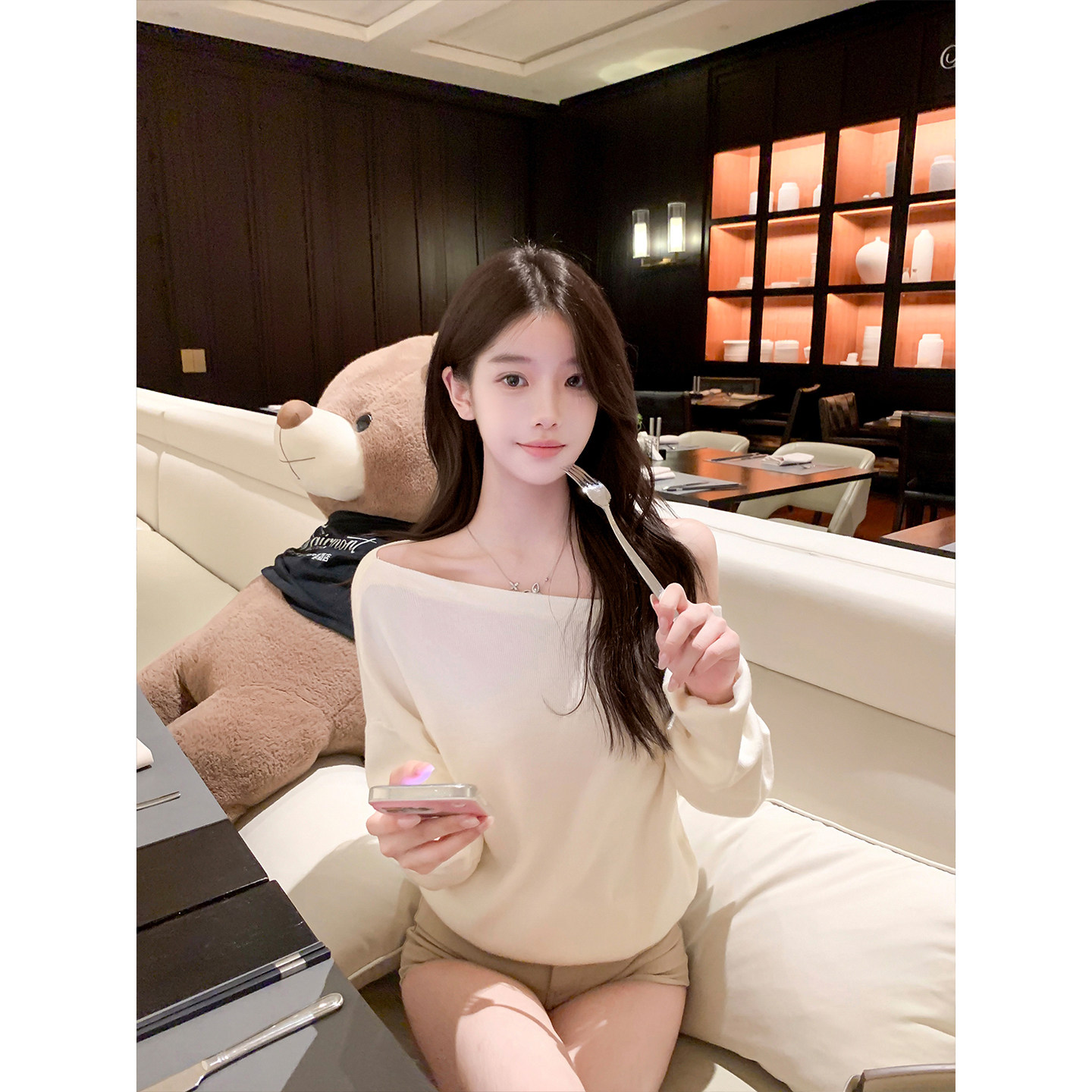 若语定制 奶咖百利甜 纯欲气质斜肩两穿针织衫早秋套头毛衣上衣女