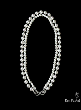 红口袋法式复古轻奢高级感双层珍珠项链镶钻蝴蝶结吊坠贝珠锁骨链