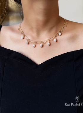 红口袋复古淡水珍珠项链锁骨链