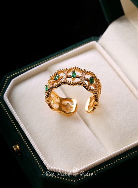 红口袋 法式复古宫廷风仿制祖母绿黄铜开口戒指小众优雅蕾丝指环