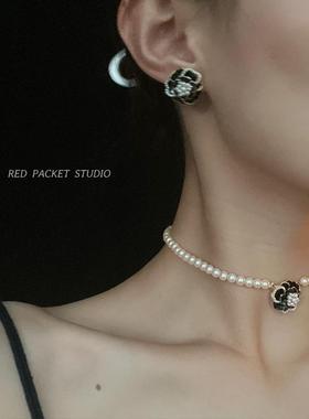 红口袋法式浪漫小香风山茶花珍珠项链优雅气质choker耳环饰品套装