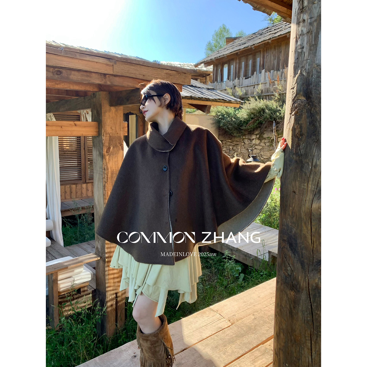 CZ ZHANG 2025冬款纯羊毛手工斗篷双面尼短外套少女感毛呢大衣 - 图1