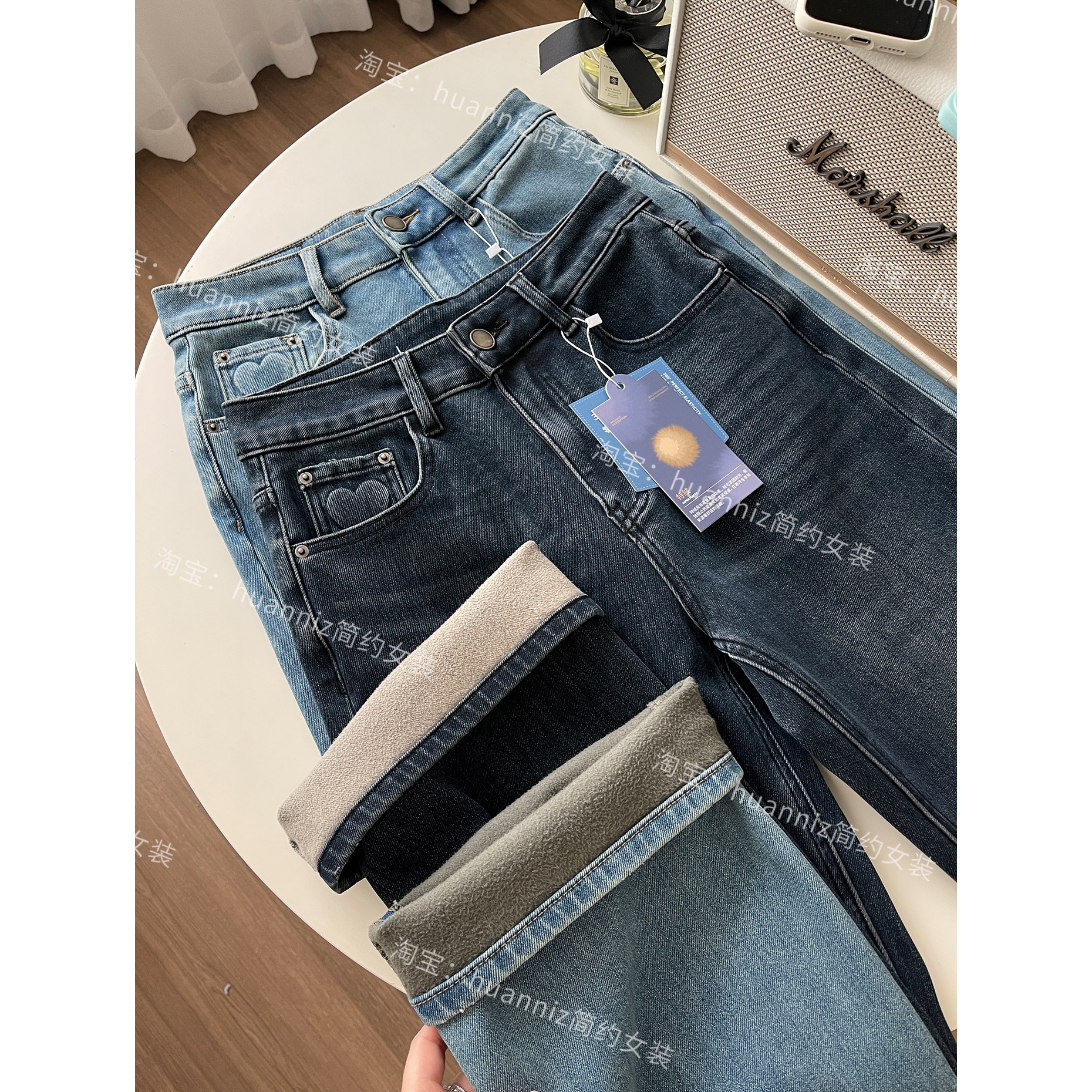 冬季松弛感显瘦大长腿加绒四面弹牛仔裤高腰薄绒阔腿裤直筒裤长裤 - 图3