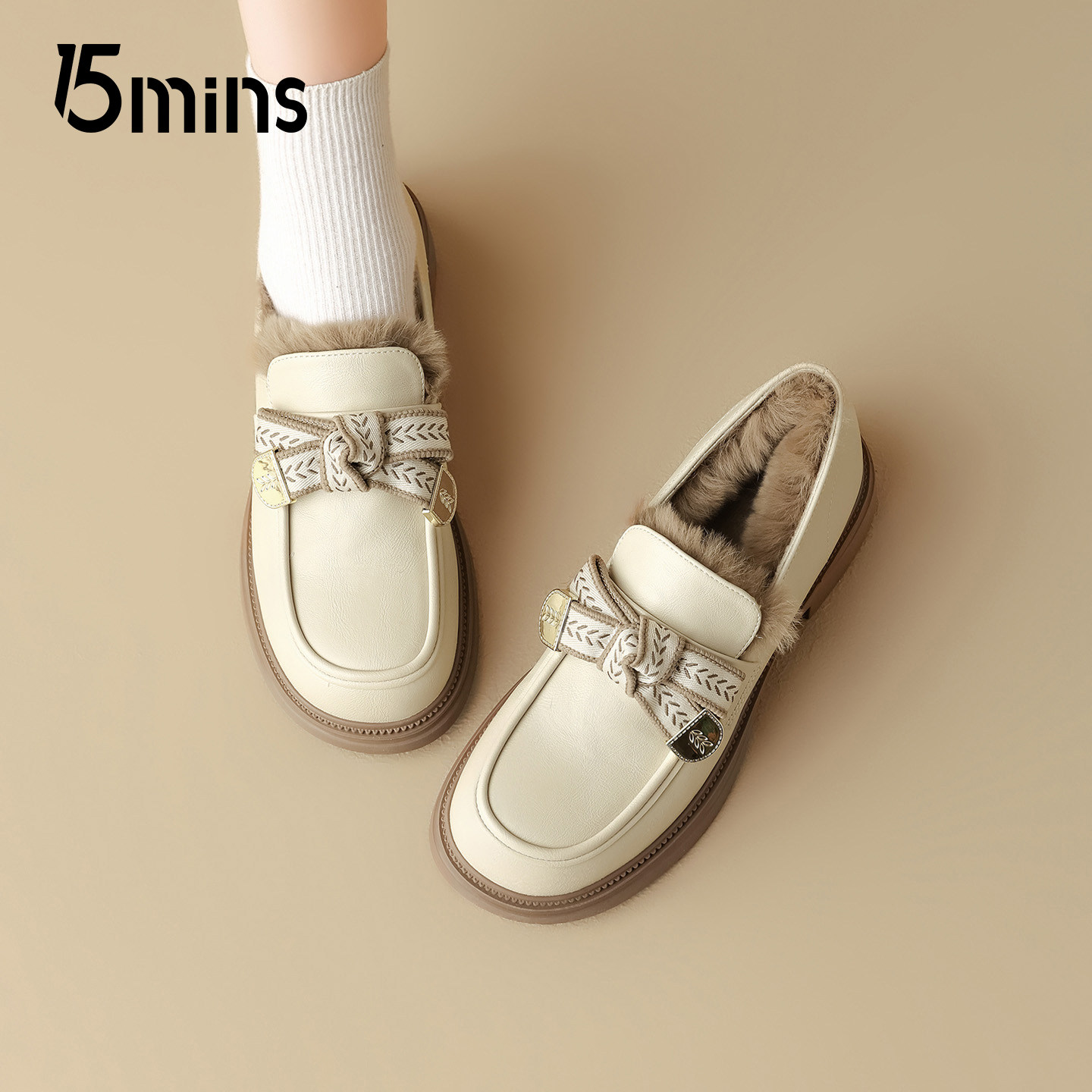 15mins厚底加绒乐福鞋女2025秋冬新款粗跟单鞋加厚保暖白色小皮鞋,淘宝优惠券,粉丝福利购,淘宝优惠卷