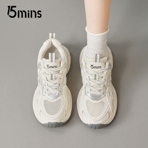 15mins透气薄款老爹鞋女款夏季2026新款厚底增高小白鞋网面运动鞋 - 图0