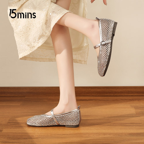 15mins水钻网纱玛丽珍鞋女2026夏新款一字扣软底透气镂空浅口单鞋 - 图2