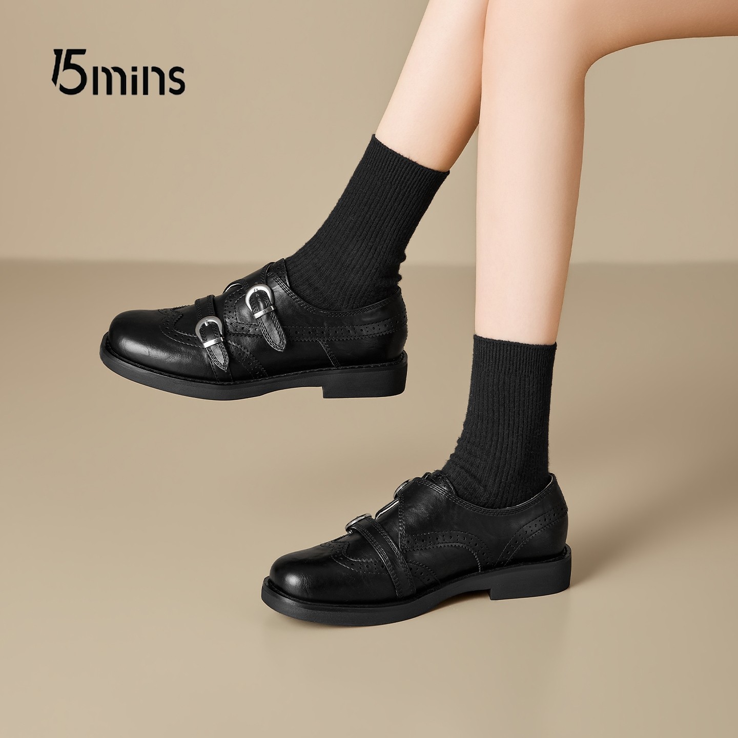 15mins英伦风复古雕花小皮鞋女2026新款黑色双扣带乐福鞋百搭单鞋,淘宝优惠券,粉丝福利购,淘宝优惠卷