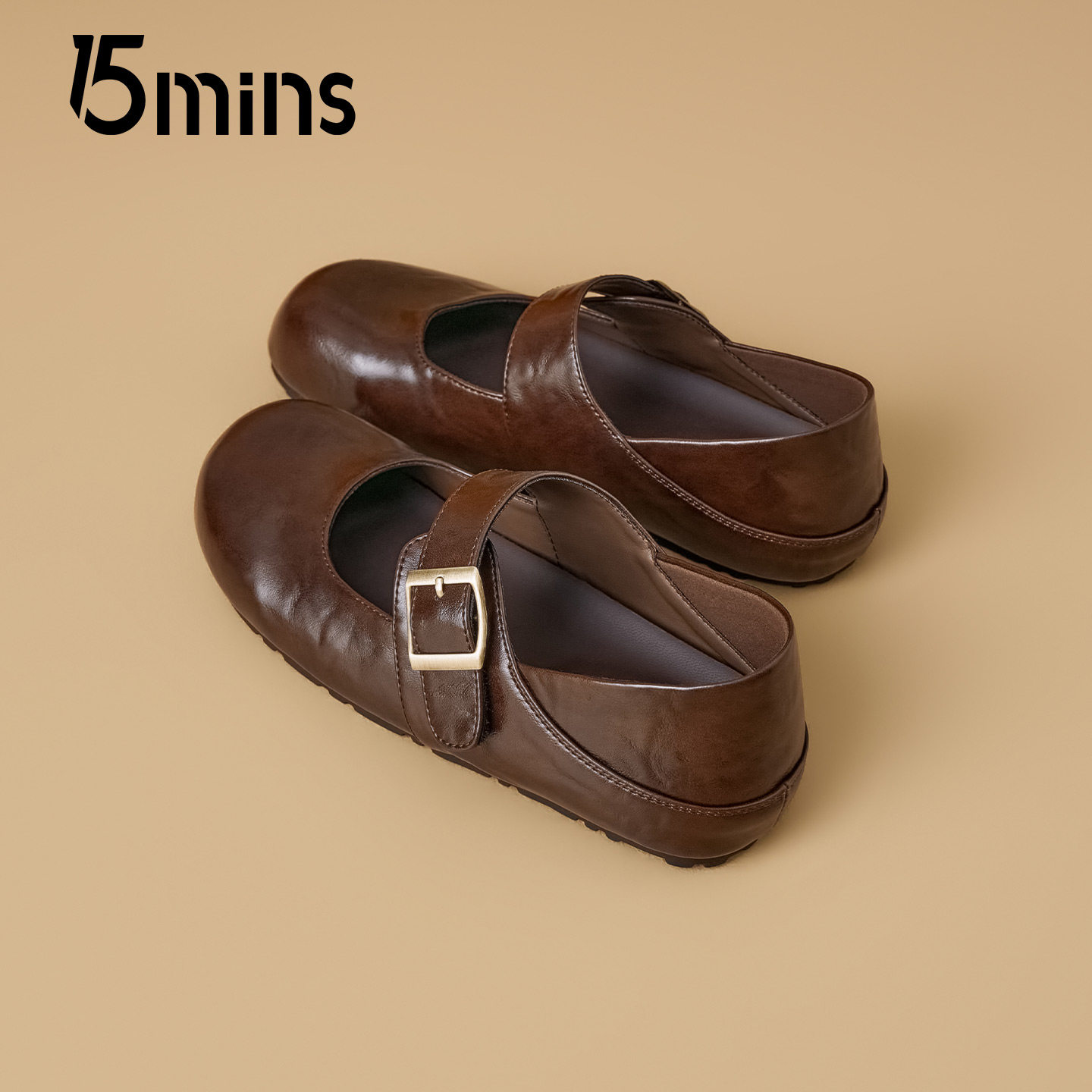 15mins复古风玛丽珍女2026春夏新款平底一字扣带棕色皮质浅口单鞋,淘宝优惠券,粉丝福利购,淘宝优惠卷
