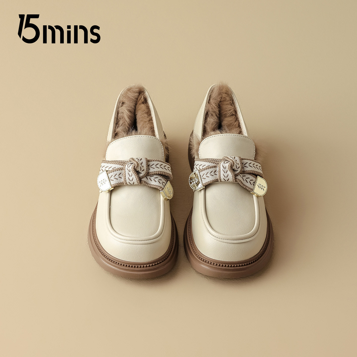 15mins厚底加绒乐福鞋女2025秋冬新款粗跟单鞋加厚保暖白色小皮鞋,淘宝优惠券,粉丝福利购,淘宝优惠卷