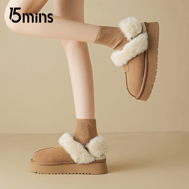 15mins厚底勃肯雪地靴女2025新款冬季加绒保暖棉鞋一脚蹬面包鞋子