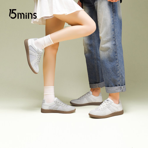15mins休闲德训鞋女2026年秋季真皮透气软底网面休闲情侣板鞋子男 - 图3