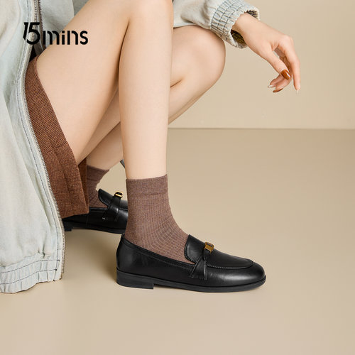 15mins黑色圆头乐福鞋女2026夏季新款配裙子英伦风经典软底豆豆鞋 - 图2