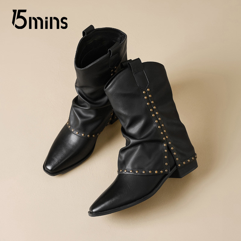 15mins西部牛仔靴中筒靴女2026春季新款裤管靴铆钉高跟尖头堆堆靴,淘宝优惠券,粉丝福利购,淘宝优惠卷