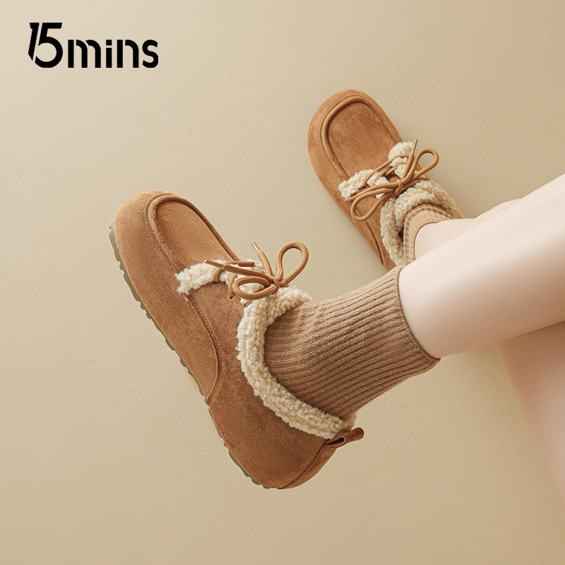 15mins羊羔毛系带勃肯鞋女2025新款冬季平底加绒保暖乐福鞋棉鞋潮